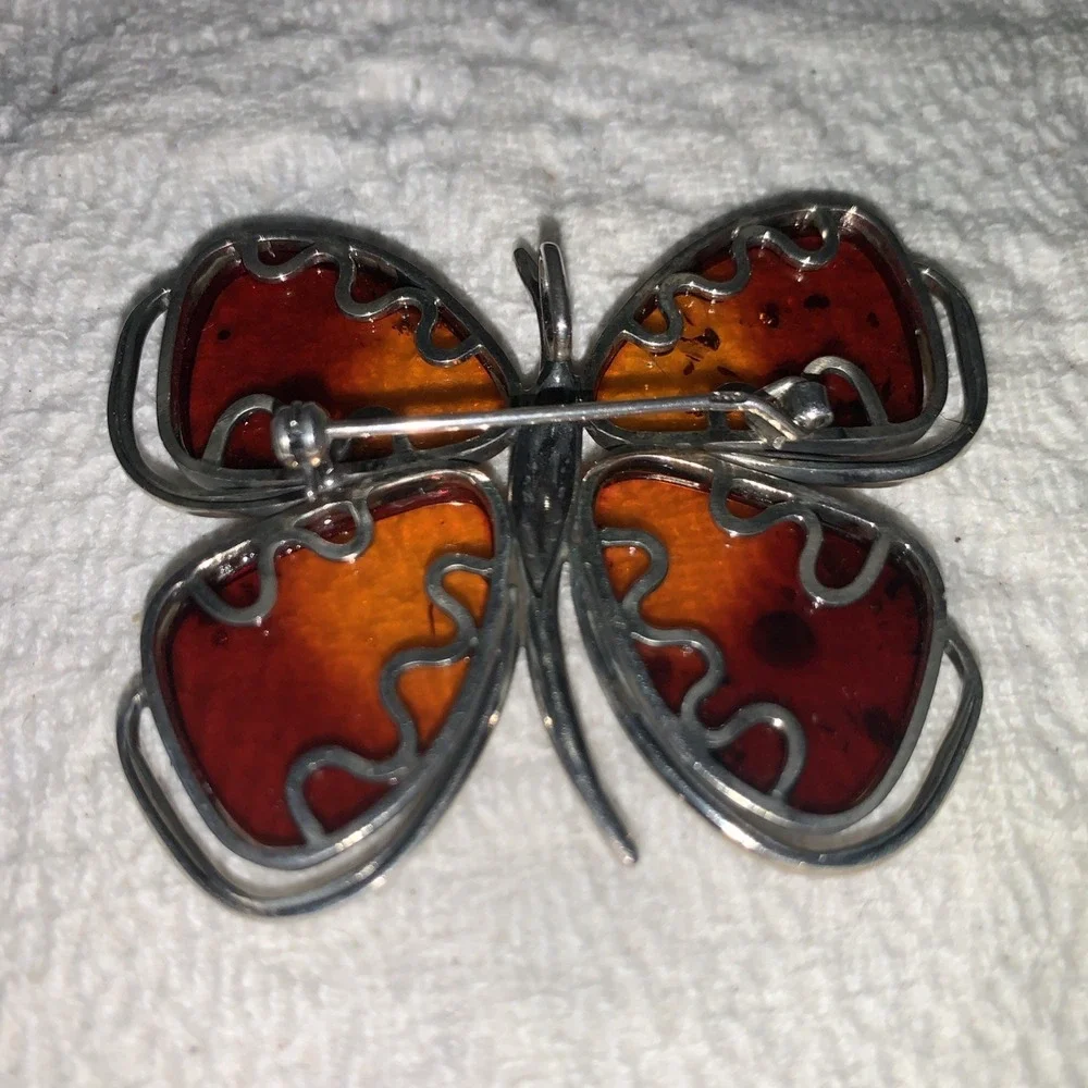 BALTIC AMBER Butterfly‎ Pendant Or Brooch Pin 925 STERLING SILVER
